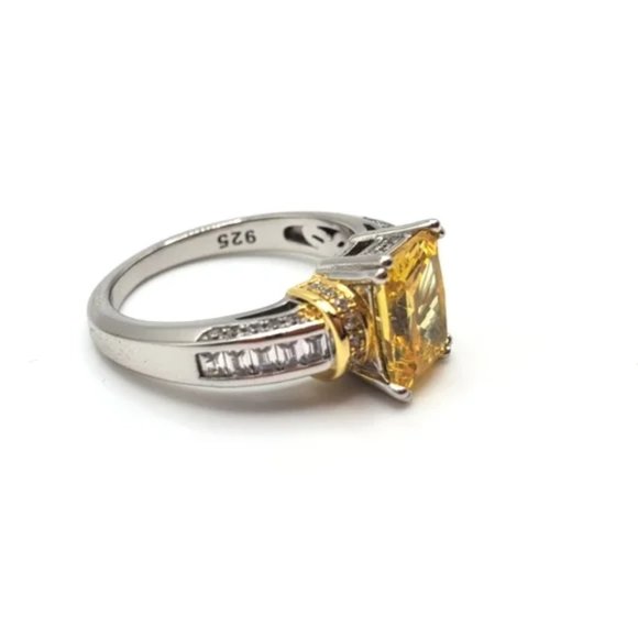 14k Yellow Gold 925 Sterling Silver Emerald Cut Yellow Engagement Ring Size 7 - Picture 4 of 6